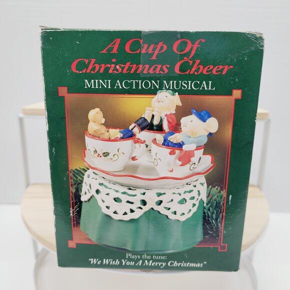 VTG 1994 Enesco Christmas Animated Musical Box Mice Teacups Ride Wish You Merry - Picture 2 of 7